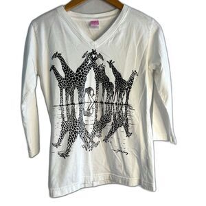 LAT Vneck Long Sleeve White Giraffe Safari T-shirt Girls Size Small